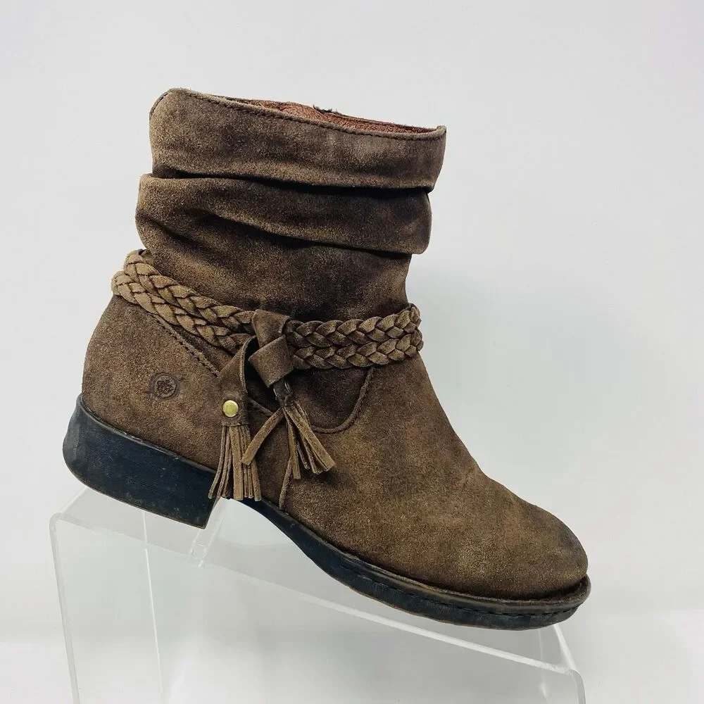 Born 7 Brown Ouvea Slouchy Zip Ankle Boots Distressed Suede Boho Western Braided